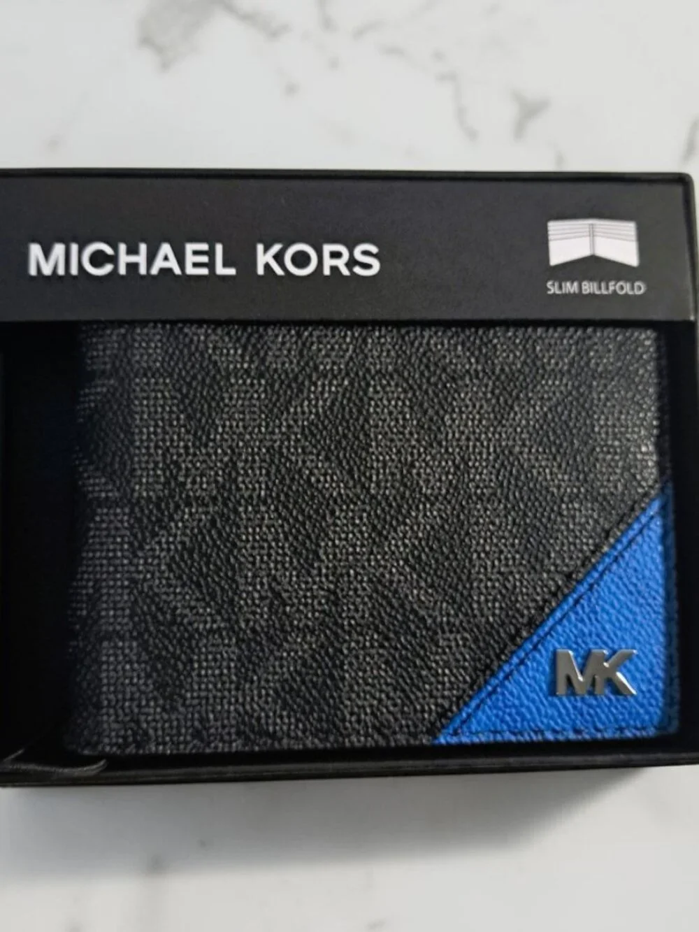Michael Kors Men’s Black & Blue Card Case Wallet with Metallic Logo NWT
